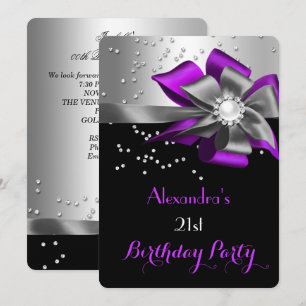 Purple Black Silver Bow Pearl Birthday Party Invitation