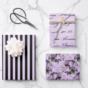 PURPLE BLACK SILVER FLOWERS & PATTERNS WRAPPING PAPER SHEET