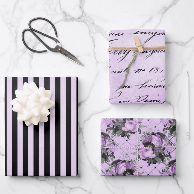 PURPLE BLACK SILVER FLOWERS & PATTERNS WRAPPING PAPER SHEET (Front)