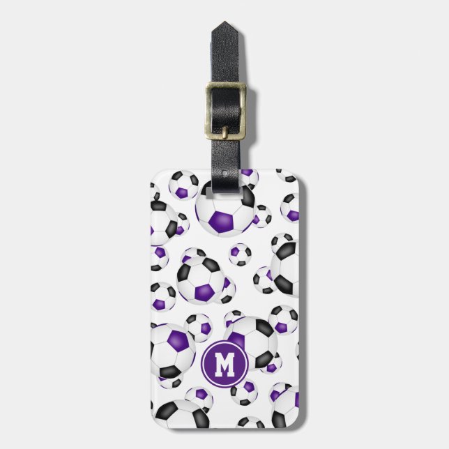 purple black soccer bag tag with team colours (Front Vertical)