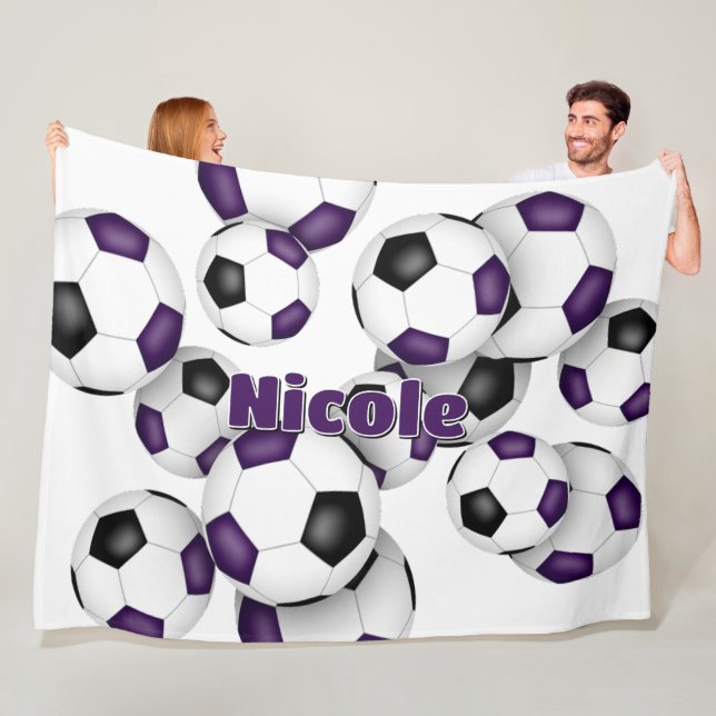 purple black soccer balls athletic decor fleece blanket (In Situ)