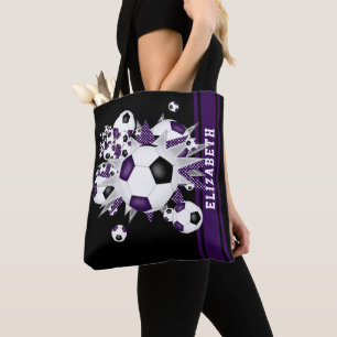 Purple black soccer balls stars athlete fan name tote bag