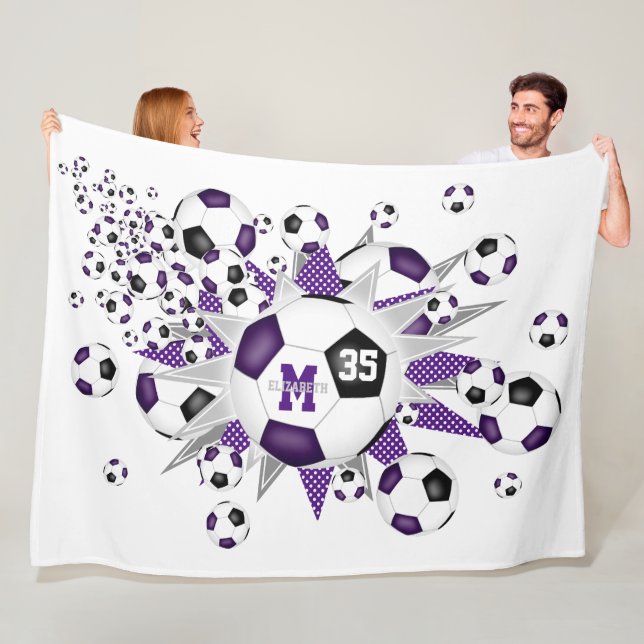 purple black soccer balls stars girls name fleece blanket (In Situ)