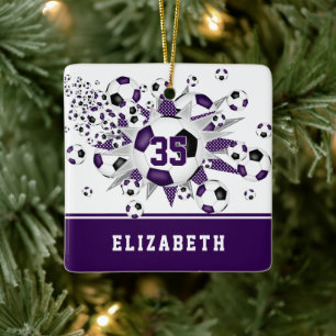Purple black soccer balls stars personalised ceramic ornament