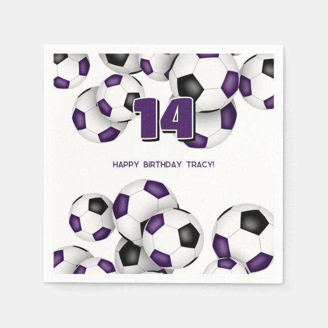 purple black soccer team colours birthday party napkin (Front)