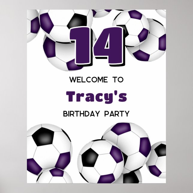 purple black soccer team colours birthday party poster (Front)