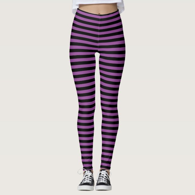 Purple Black Stripe Pattern Leggings (Front)