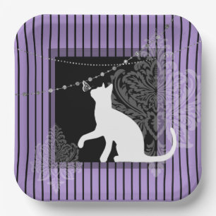 Purple black stripes, and white cat paper plate