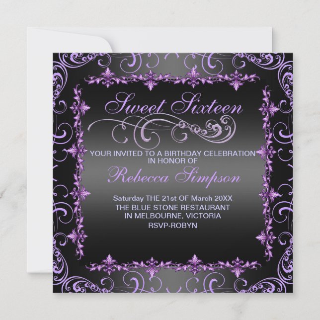 Purple/Black Sweet Sixteen Swirl Birthday Invite (Front)