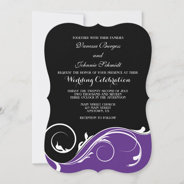 Purple Black Swirl Bracket Wedding Invites (Front)