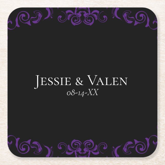 Purple & Black Swirl Gothic Wedding Square Paper Coaster (Front)