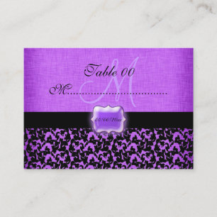 Purple black "table number" wedding damask place card