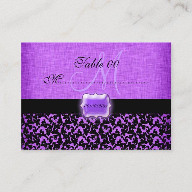 Purple black "table number" wedding damask place card (Front)