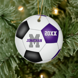 purple black team colours boys girls soccer ceramic tree decoration