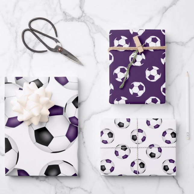 purple black team colours soccer 3 pc variety wrapping paper sheet (Front)