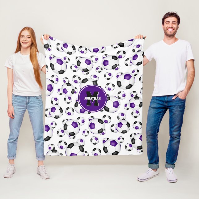 purple black team colours soccer balls pattern fleece blanket (In Situ)