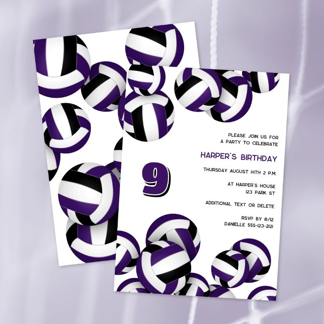 purple black team colours volleyball birthday part invitation (front & back views)