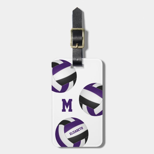 purple black team colours volleyball travel luggage tag (Front Vertical)