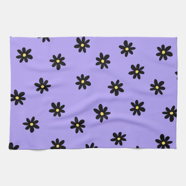 Purple Black Tropical Floral Botanical Spring  Tea Towel (Horizontal)
