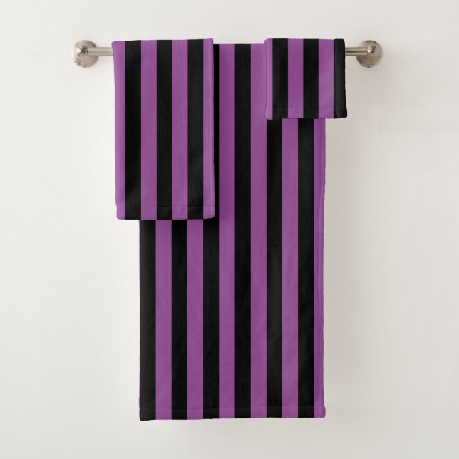 Purple Black Vertical Stripe Halloween Bath Towel Set (Insitu)