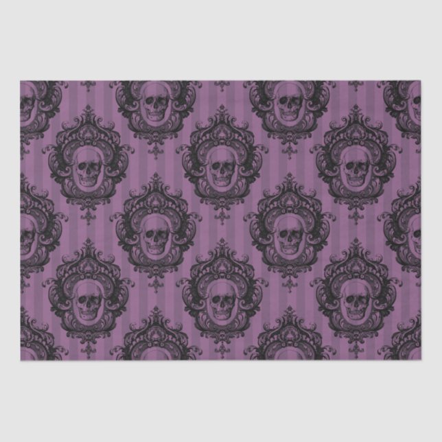 Purple & Black Victorian Skulls Pattern Halloween Tissue Paper (Front)