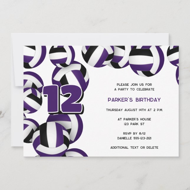 purple black volleyball boys girls birthday party invitation (Front)