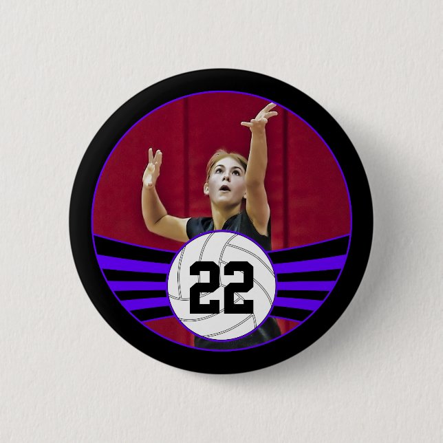 Purple & Black Volleyball Photo and Jersey Number 6 Cm Round Badge (Front)