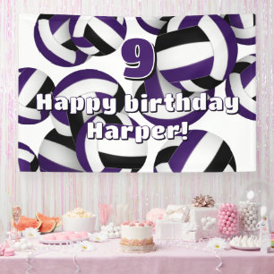 purple black volleyballs kids birthday party banner
