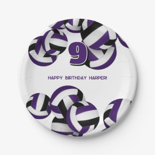 purple black volleyballs kids birthday party paper plate