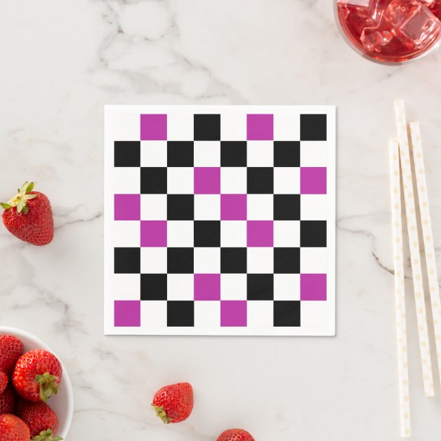 Purple Black White Checkered Pattern Design  Napkin (Insitu)
