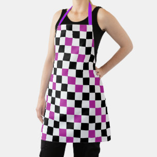 Purple Black White Chequered Pattern Design Apron