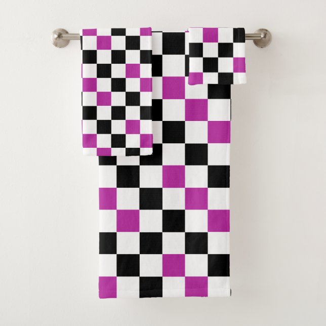 Purple Black White Chequered Pattern Design  Bath Towel Set (Insitu)