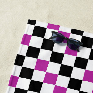 Purple Black White Chequered Pattern Design Beach Towel