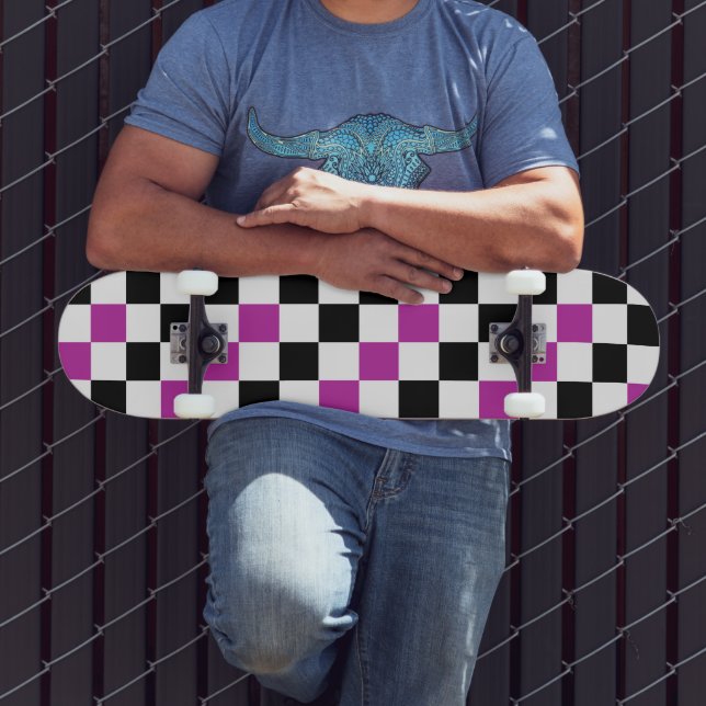 Purple Black White Chequered Pattern Design  Skateboard (Outdoor 3)
