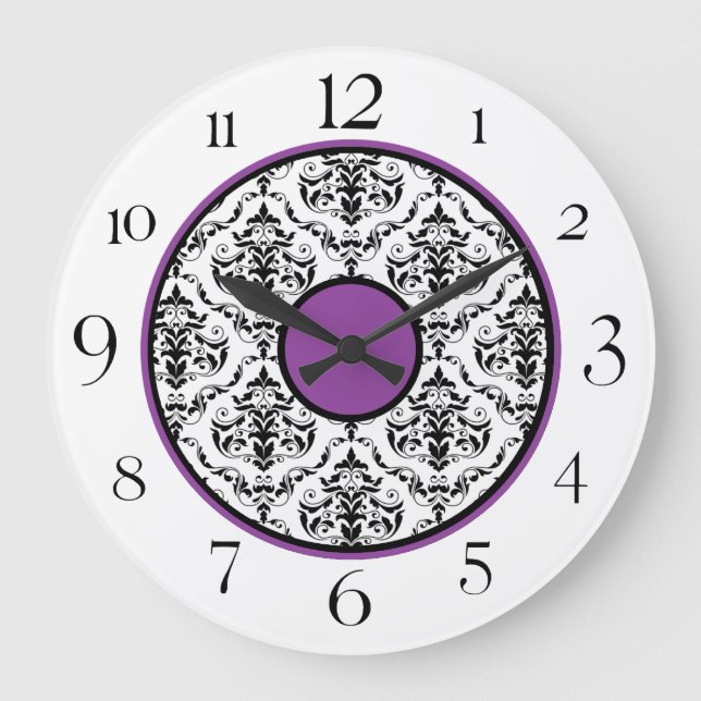 Purple Black & White Damask Elegant 10.75" Clock (Front)