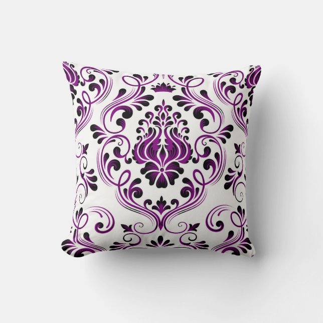 Purple Black White Damask Floral Pattern Elegant  Cushion (Front)