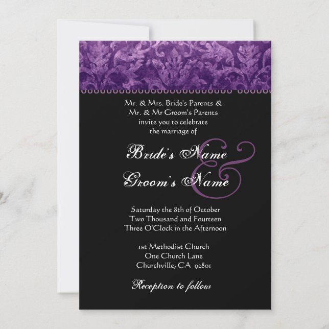 Purple Black White Damask Wedding Invitation (Front)