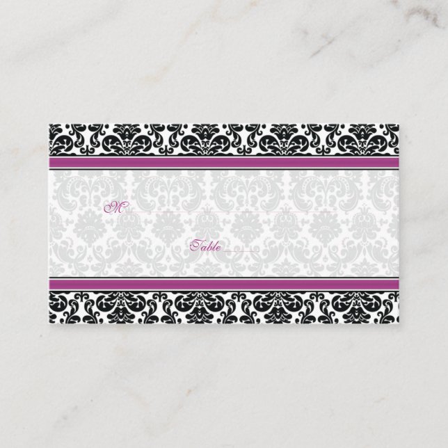 Purple, Black, White Damask Wedding Place Cards (Front)