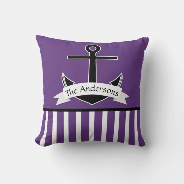 Purple Black White Nautical Design Personalised Cushion (Front)