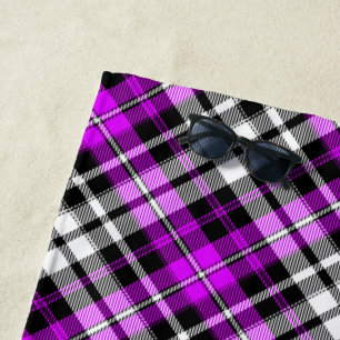 Purple Black White Plaid Tartan Pattern Design Beach Towel