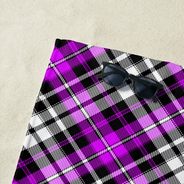 Purple Black White Plaid Tartan Pattern Design  Beach Towel (In Situ)