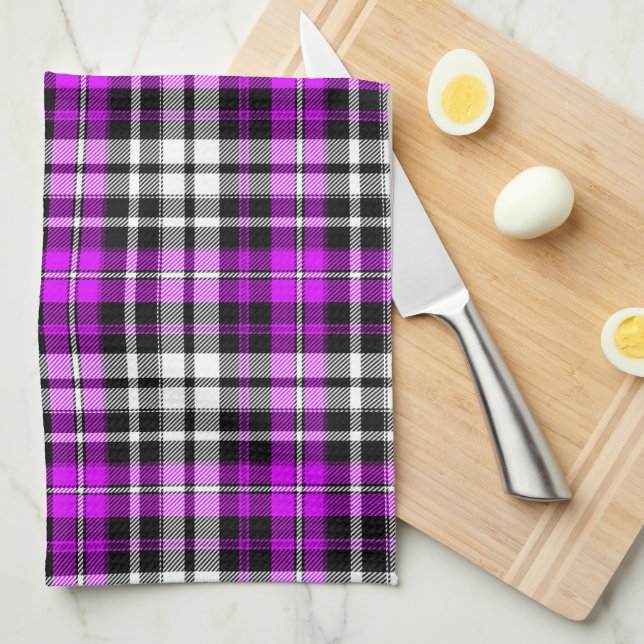 Purple Black White Plaid Tartan Pattern Design  Tea Towel (Quarter Fold)