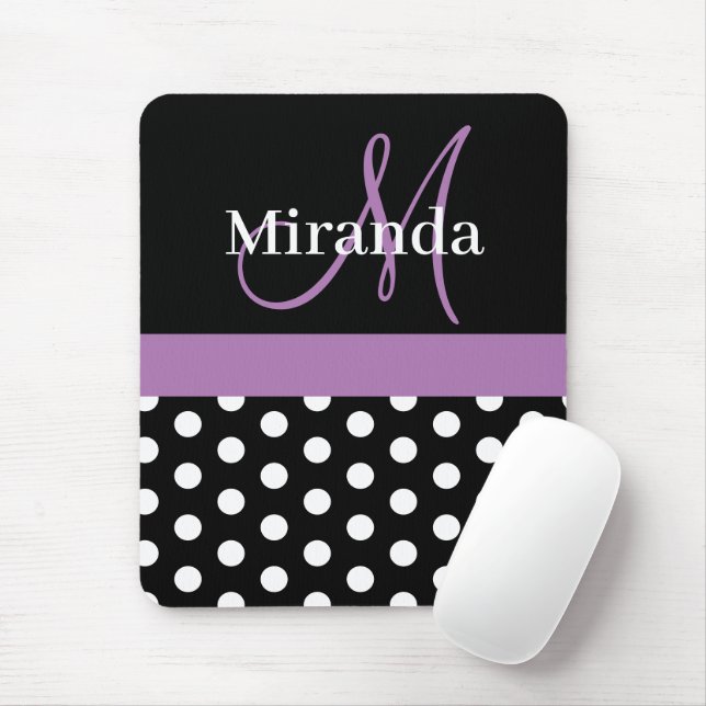 Purple Black White Polka Dot Monogram Mouse Pad (With Mouse)