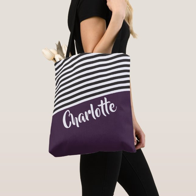 Purple Black White Striped Pattern Personalised Tote Bag (Close Up)