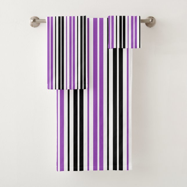 Purple Black White Stripes Pattern Design  Bath Towel Set (Insitu)
