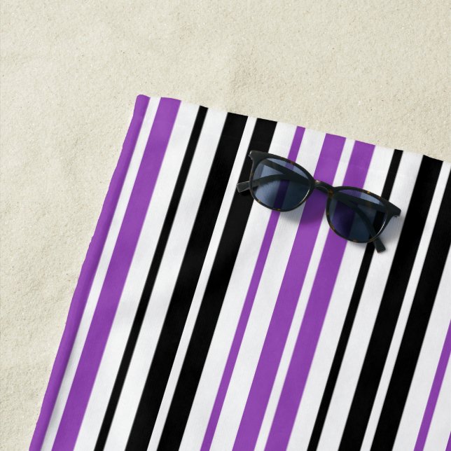 Purple Black White Stripes Pattern Design  Beach Towel (In Situ)