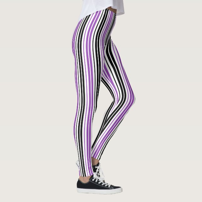 Purple Black White Stripes Pattern Design  Leggings (Right)