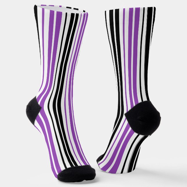 Purple Black White Stripes Pattern Design  Socks (Angled)