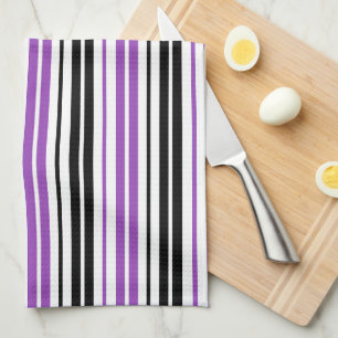Purple Black White Stripes Pattern Design  Tea Towel