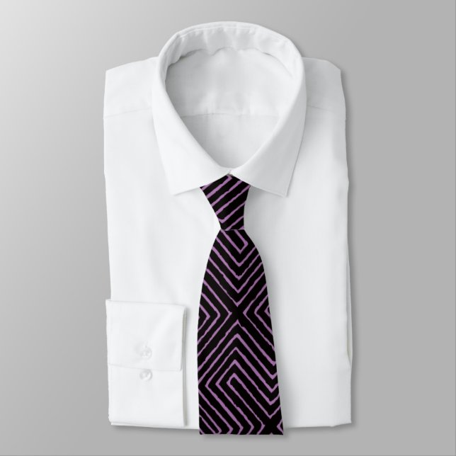 purple black white Tribal Maze Mud Cloth Pattern Tie (Tied)